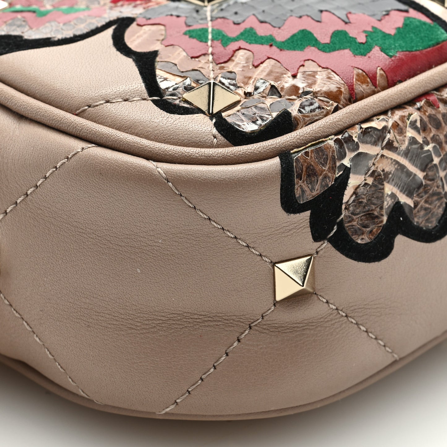 Calfskin Butterfly Embroidered Rockstud Camera Crossbody Bag Poudre