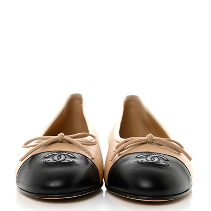 Chanel Lambskin Cap Toe CC Ballerina Flats 38 Beige Black 2 of 9