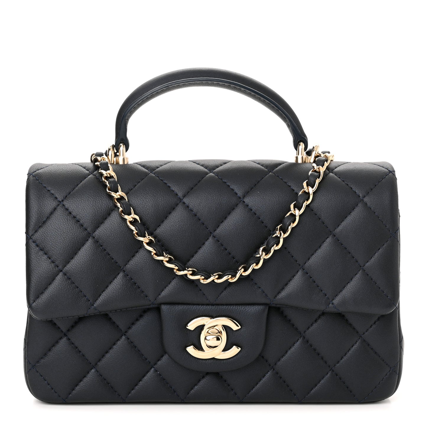 Iridescent Lambskin Quilted Mini Top Handle Rectangular Flap Dark Blue