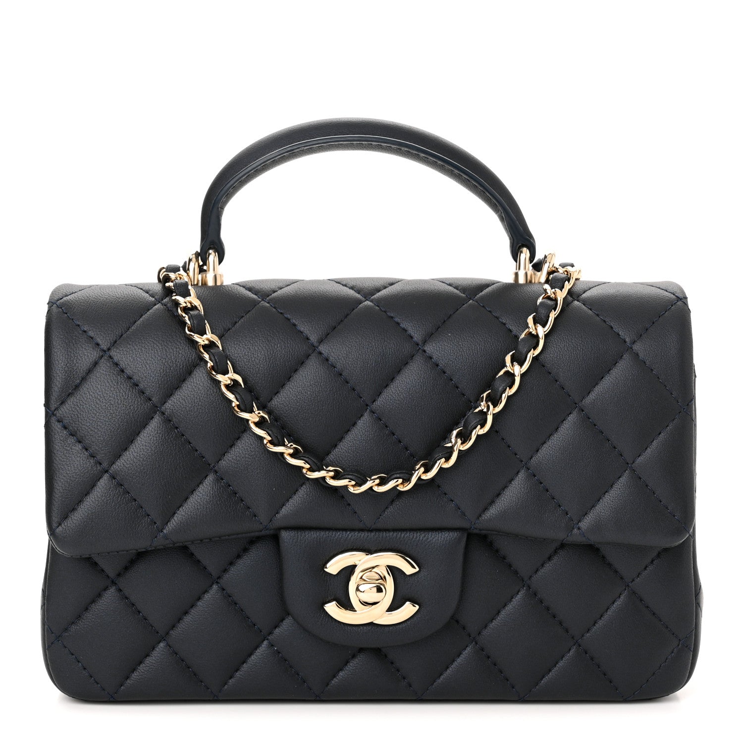 Chanel Iridescent Lambskin Quilted Mini Top Handle Rectangular Flap Dark Blue 1 of 11