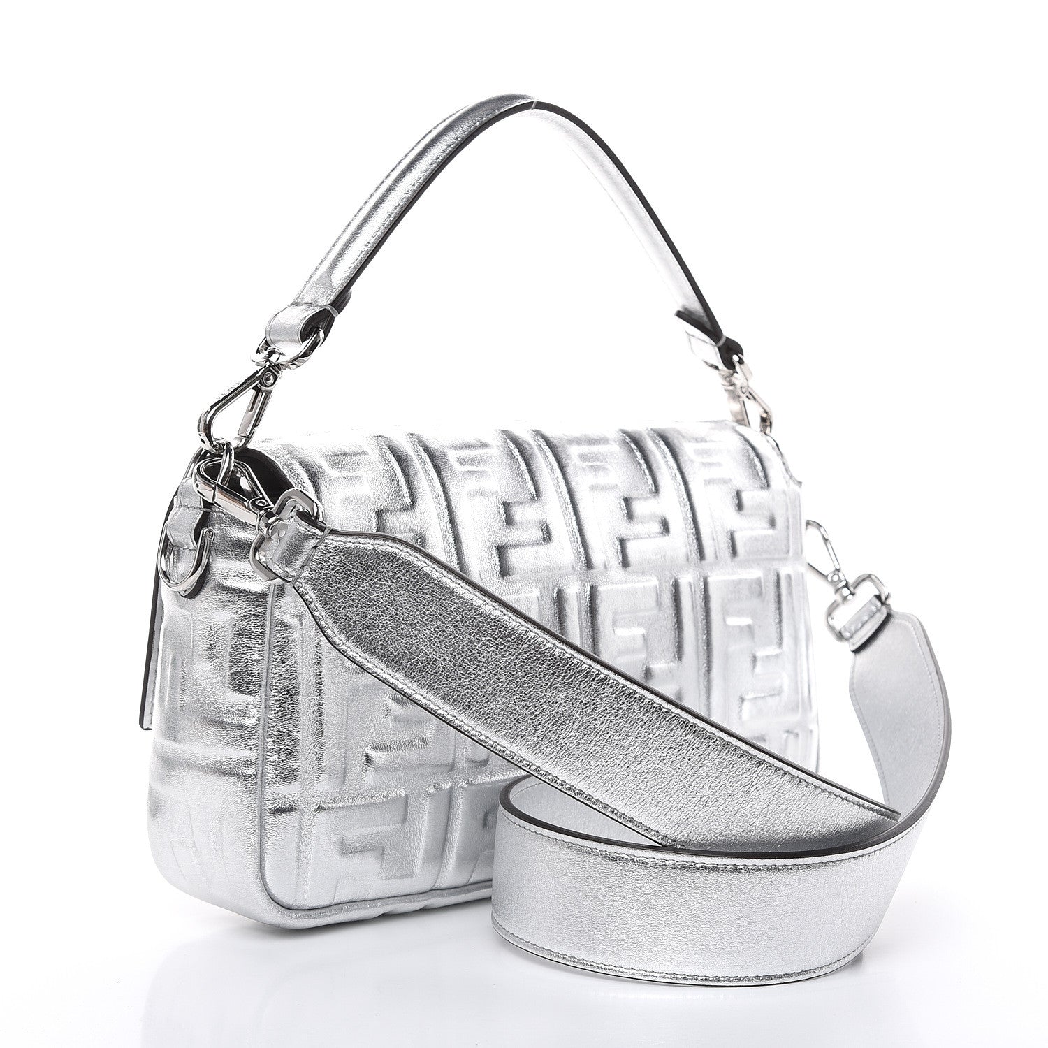 Fendi Vitello Catalan Mirror FF 1974 Embossed Baguette Argento 3 of 9