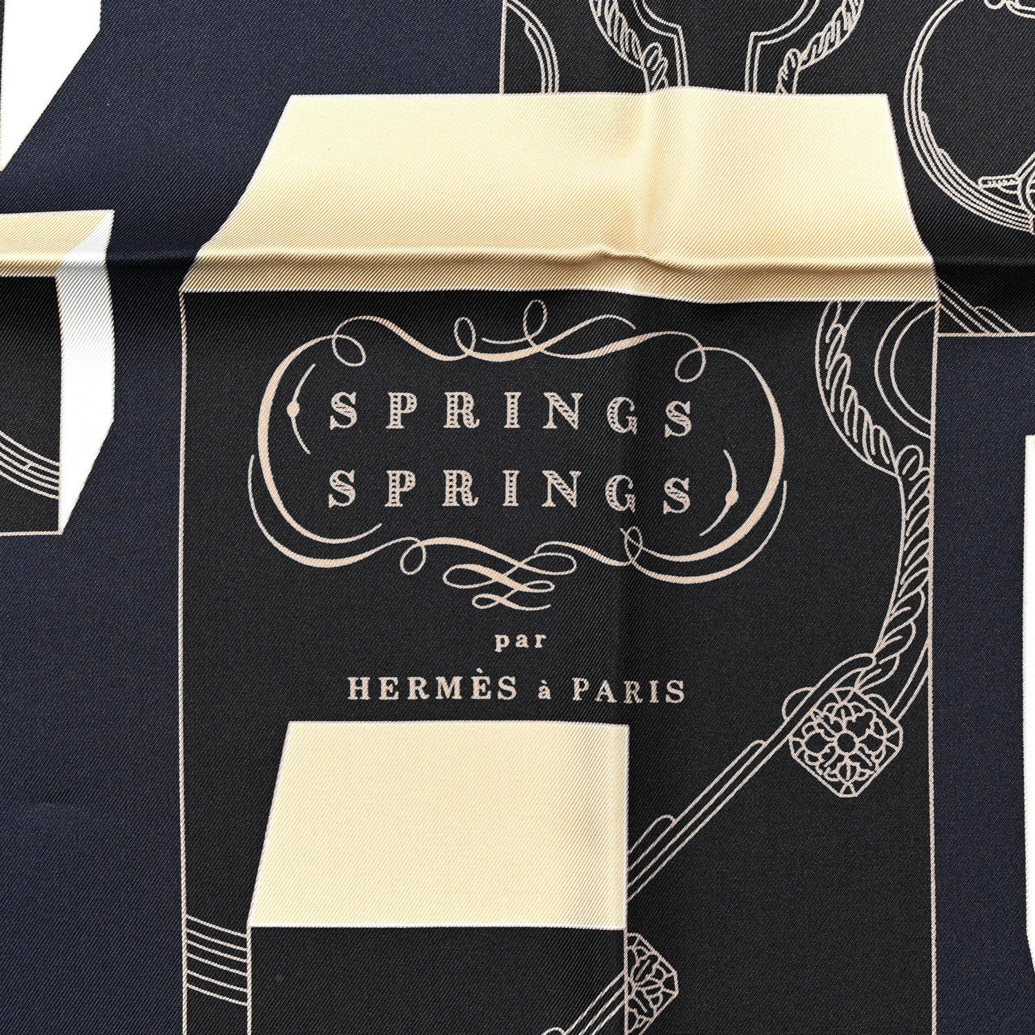 Hermes Silk Springs Springs Scarf 90 Bleu Black Beige White 2 of 4