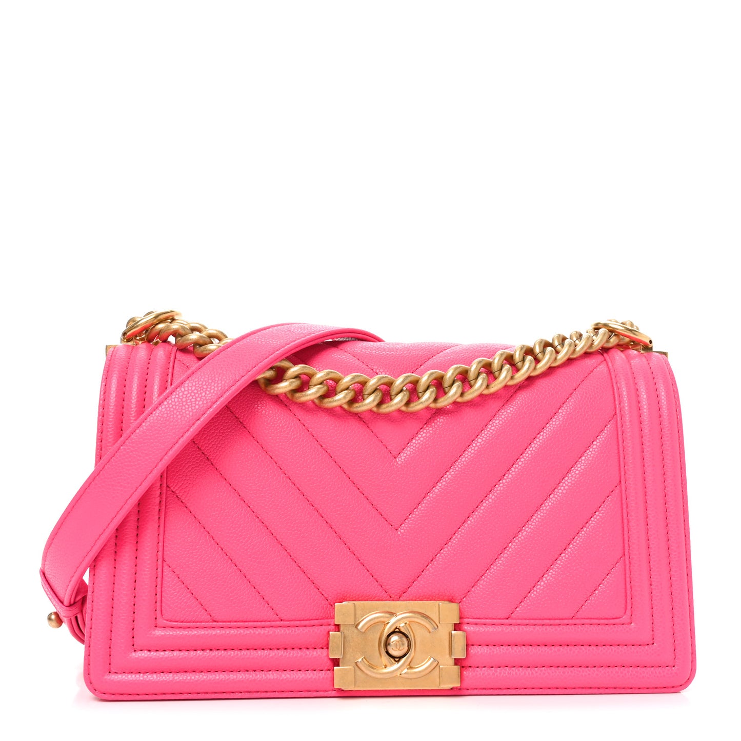 Caviar Chevron Quilted Medium Boy Flap Fuchsia