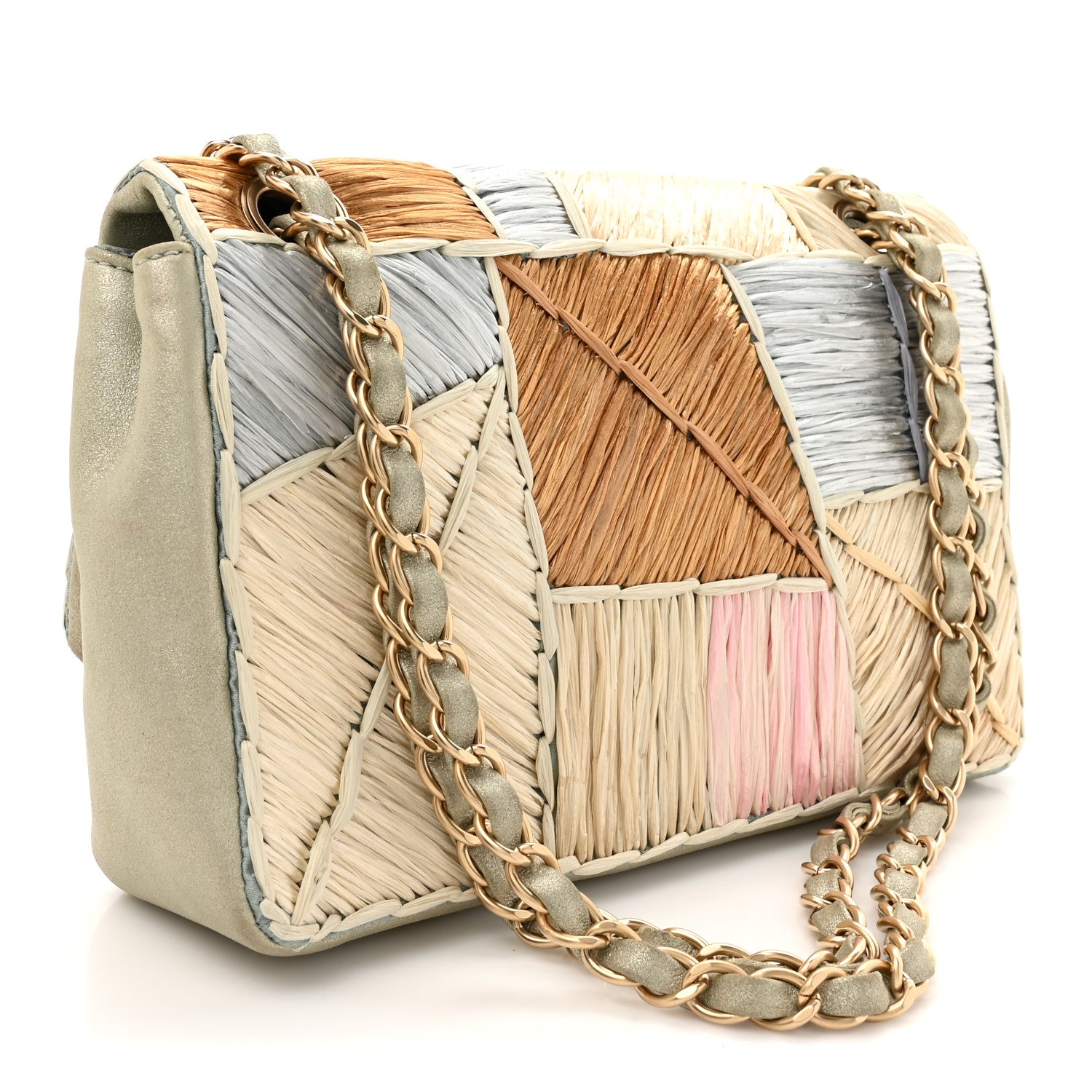 Chanel Metallic Woven Raffia Patchwork Single Flap Green 3 of 12