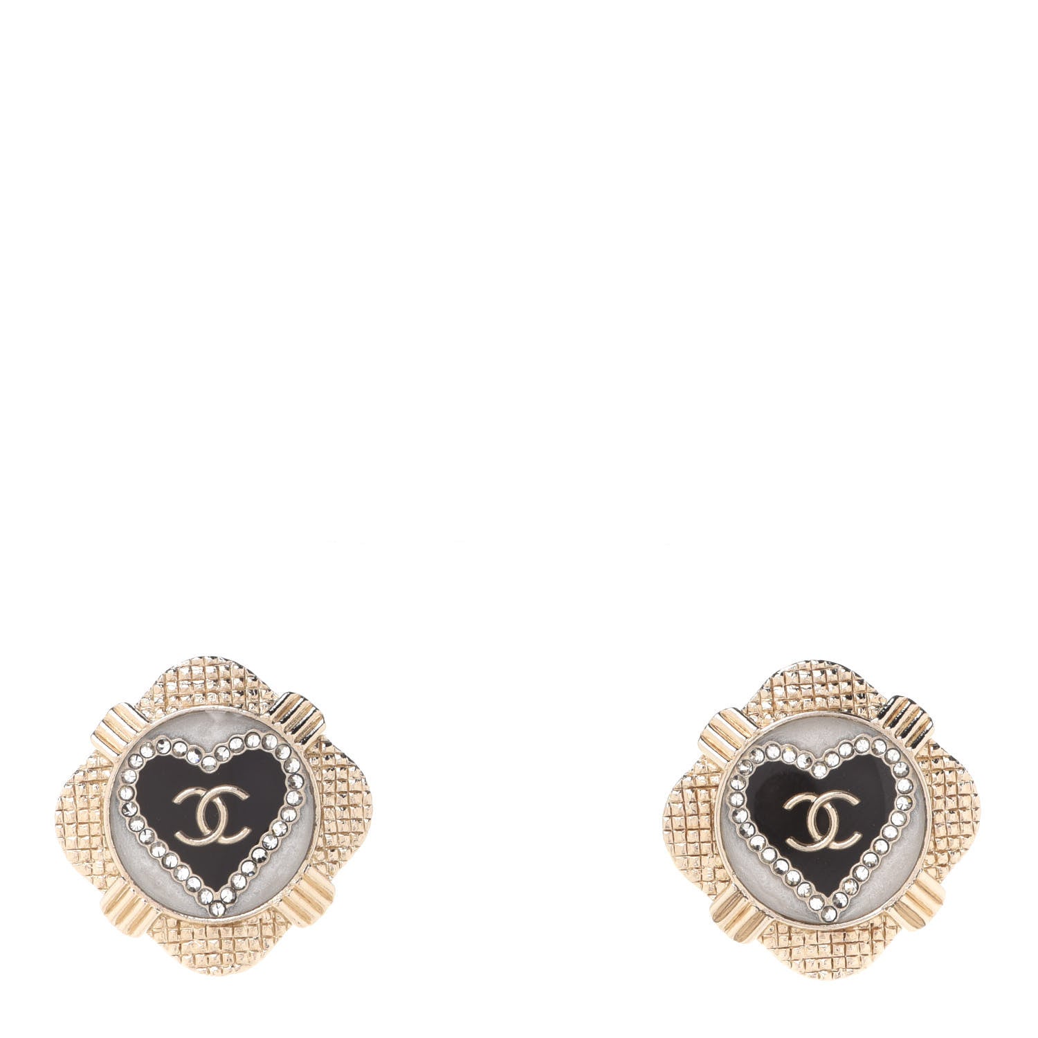 Chanel Resin Crystal Quilted CC Heart Earrings Gold Black 1 of 5