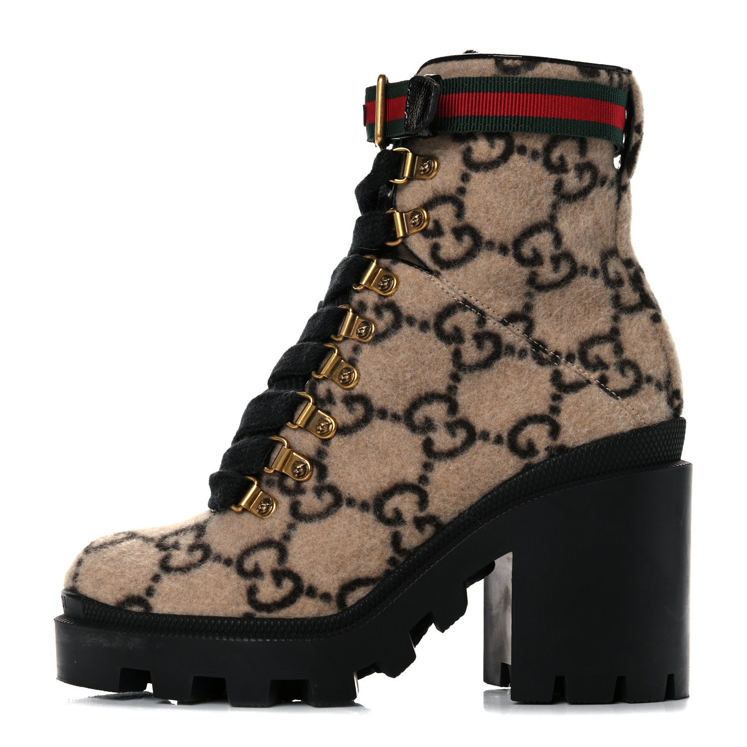 Gucci Covered Wool GG Monogram Womens Lace Up Combat Ankle Boots 35.5 Beige Ebony Black 1 of 14