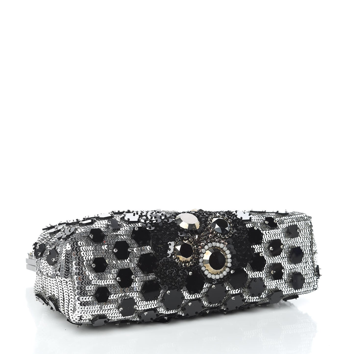Satin Sequin Crystal Embellished Vanda Circles Chain Clutch Black