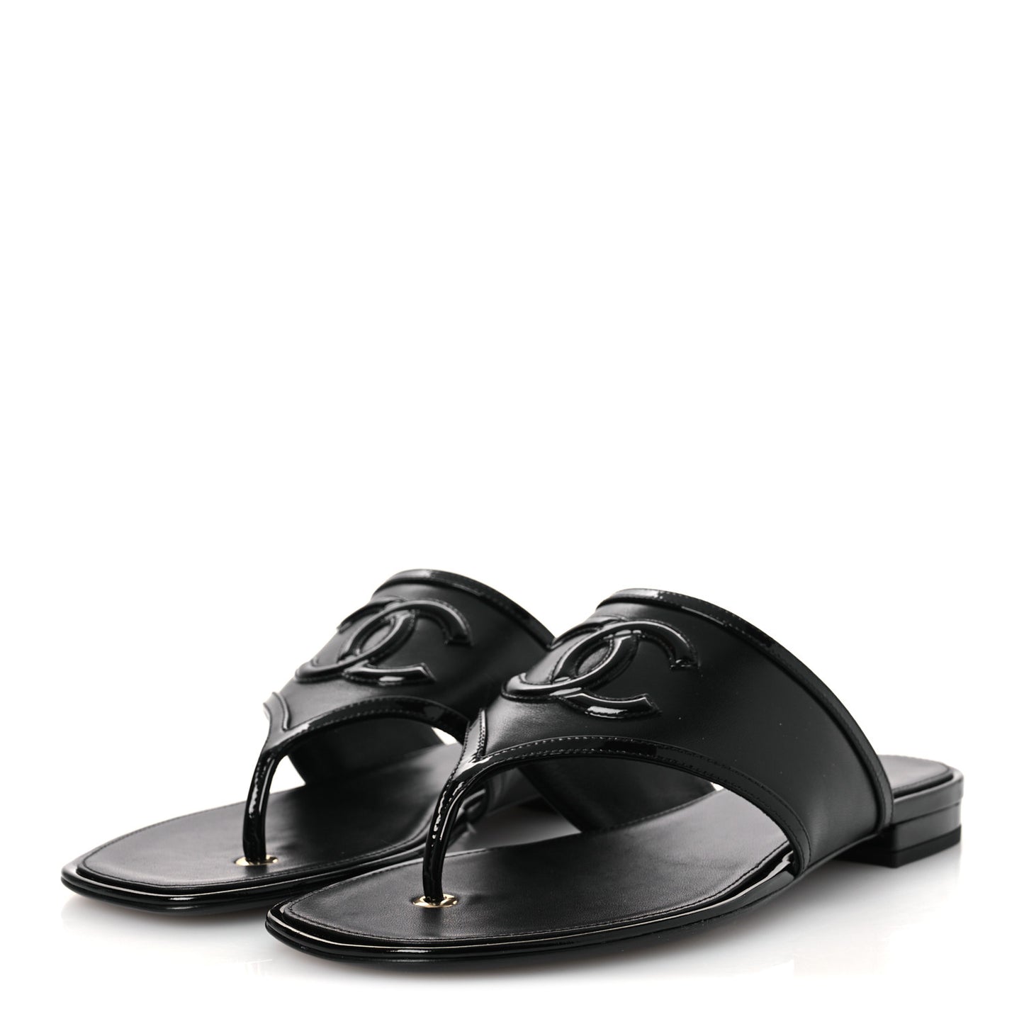 Lambskin Patent Calfskin CC Thong Sandals 39 Black