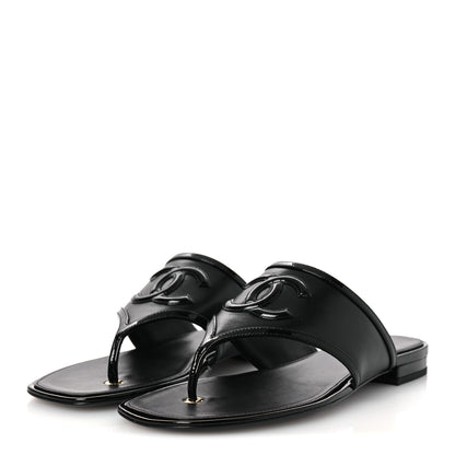 Chanel Lambskin Patent Calfskin CC Thong Sandals 39 Black 4 of 11