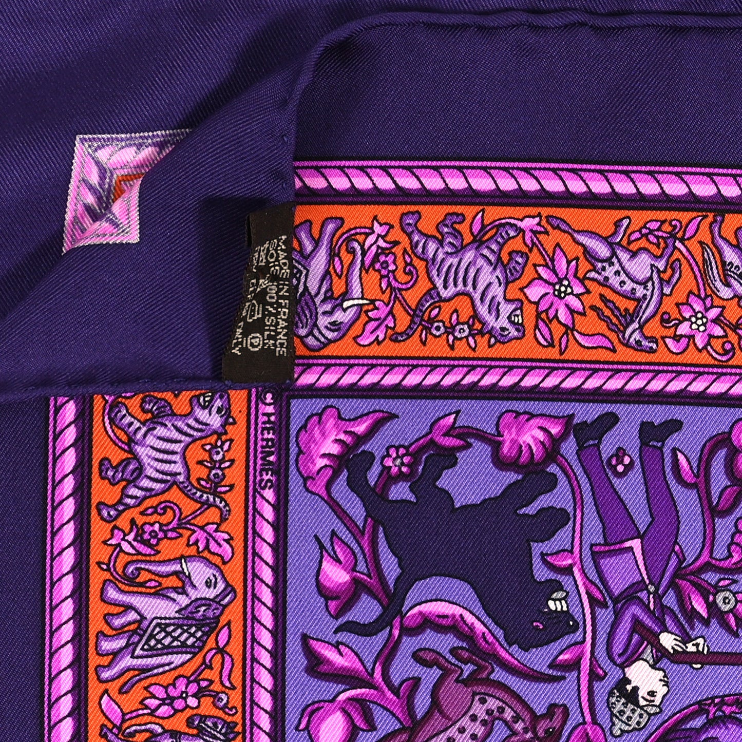 Silk Chasse en Inde Scarf 90 Violet Orange Rose Indien