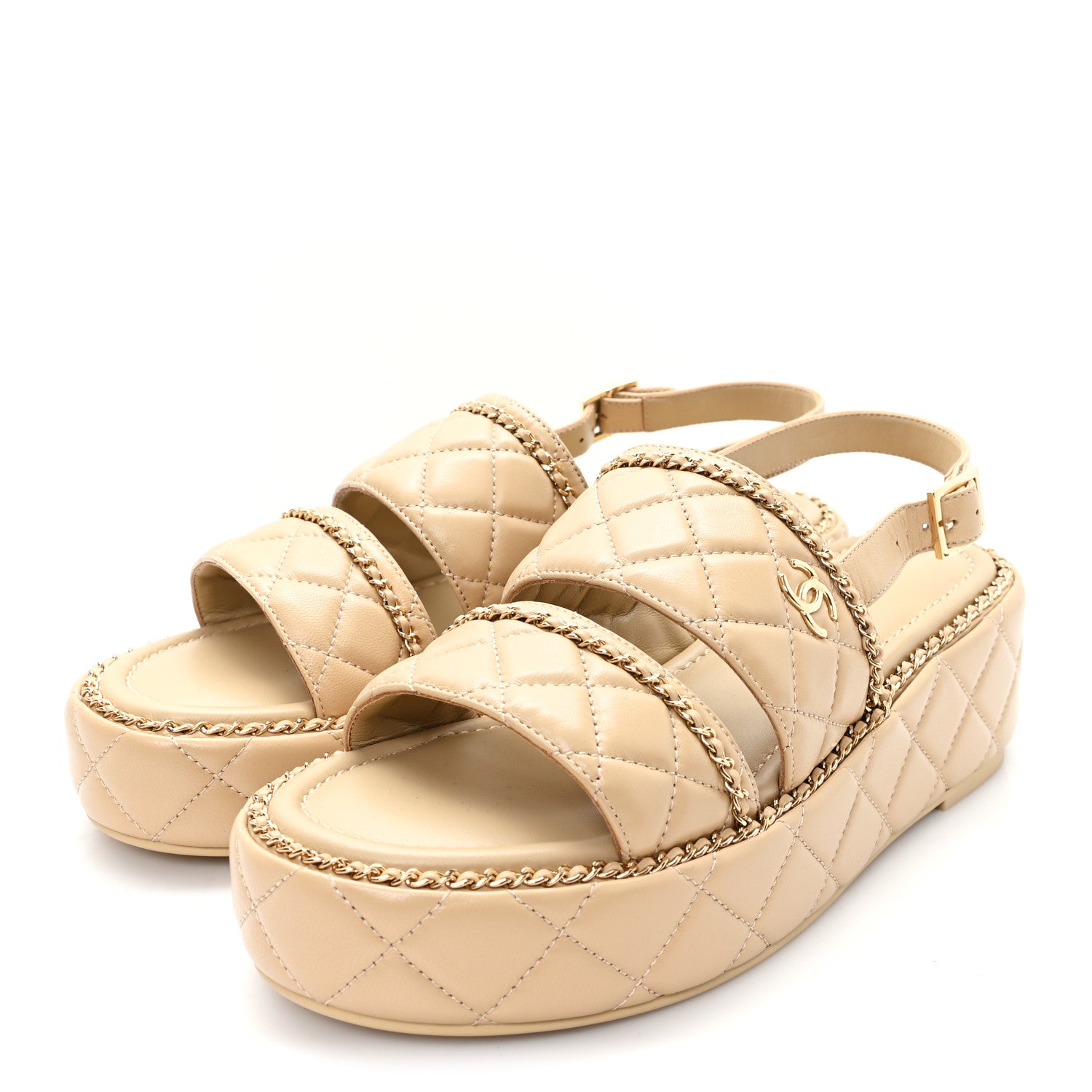 Chanel Shiny Lambskin Quilted Chain Around CC Platform Sandals 39.5 Beige 4 of 10