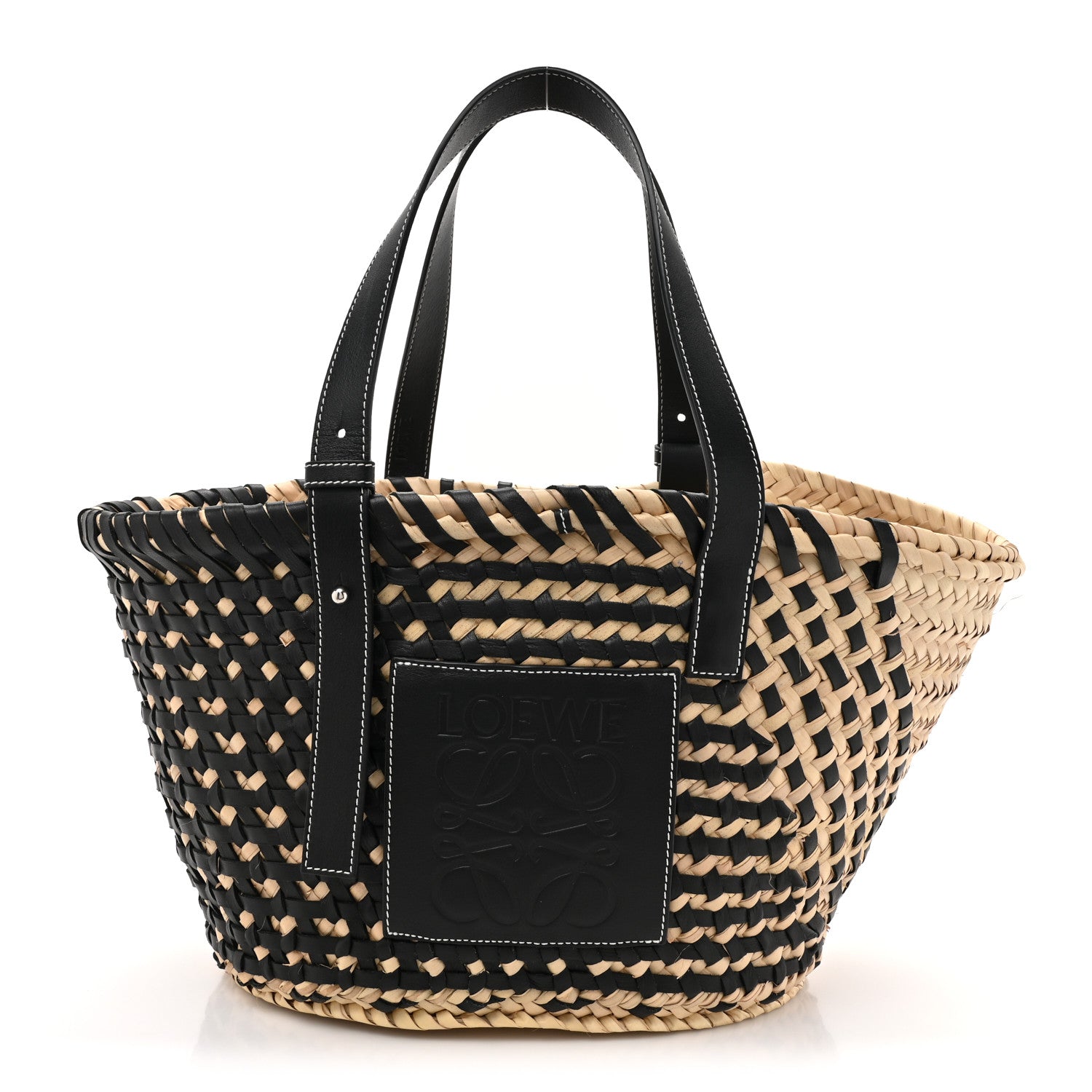 Loewe Raffia Calfskin Woven Basket Tote Bag Natural Black 1 of 13