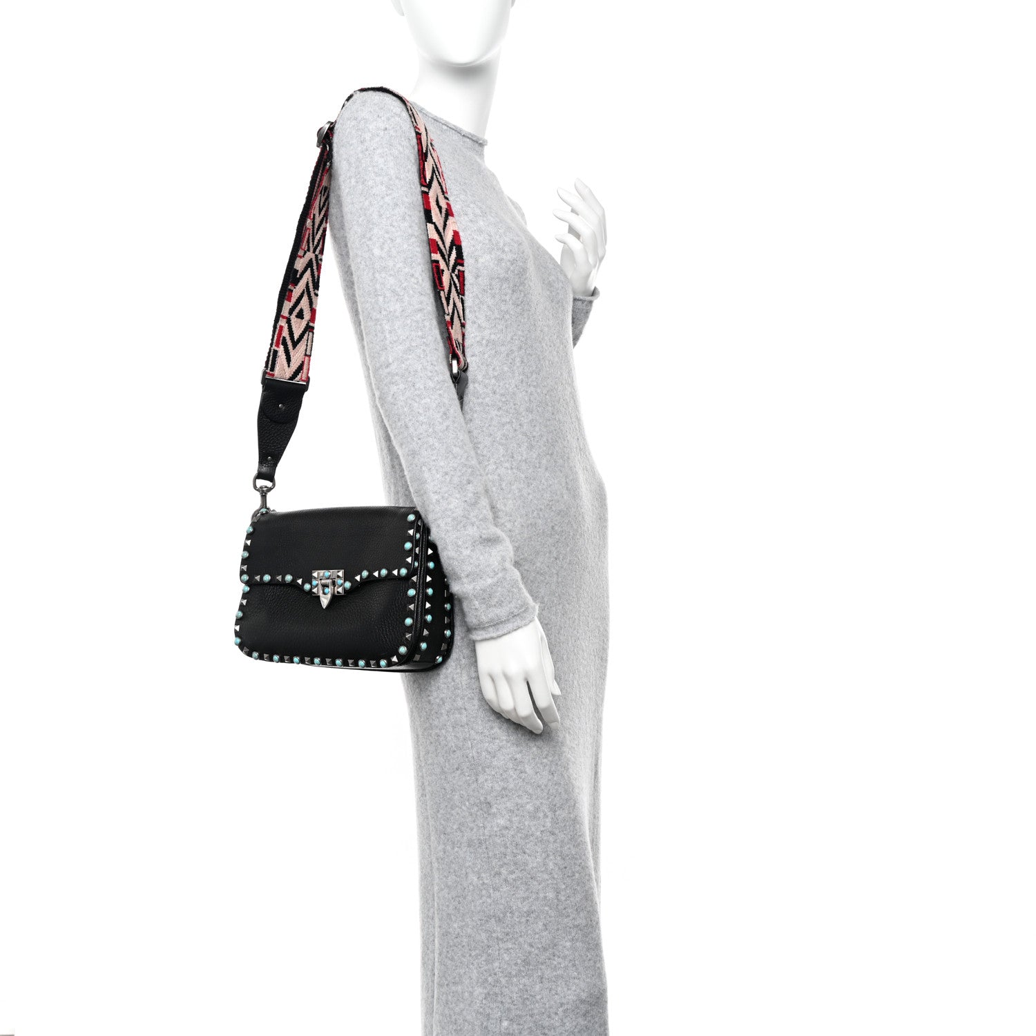 Valentino Garavani Pebbled Calfskin Turquoise Medium Guitar Strap Rockstud Rolling Flap Saddle Bag Black 2 of 12