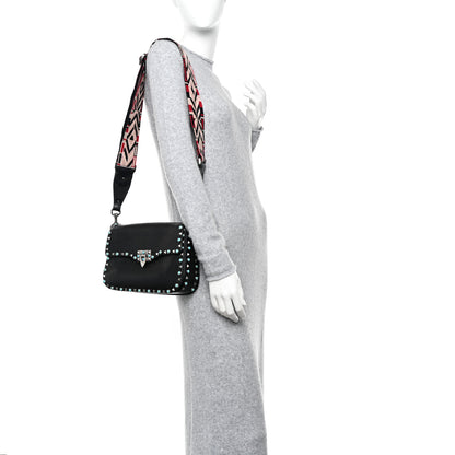 Valentino Garavani Pebbled Calfskin Turquoise Medium Guitar Strap Rockstud Rolling Flap Saddle Bag Black 2 of 12