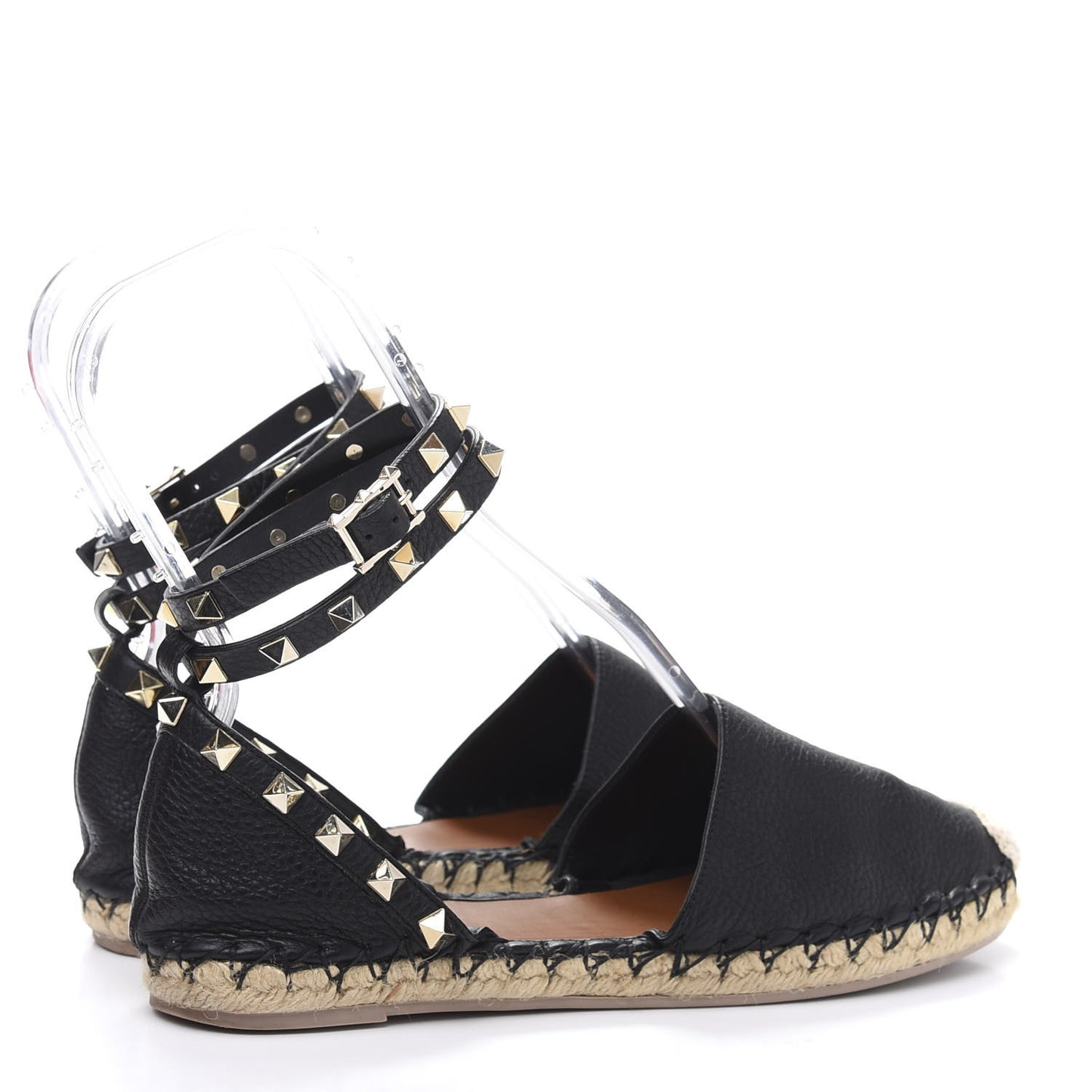 Grained Calfskin Rockstud Ankle Wrap Espadrille 20mm Flats 37 Black Natural