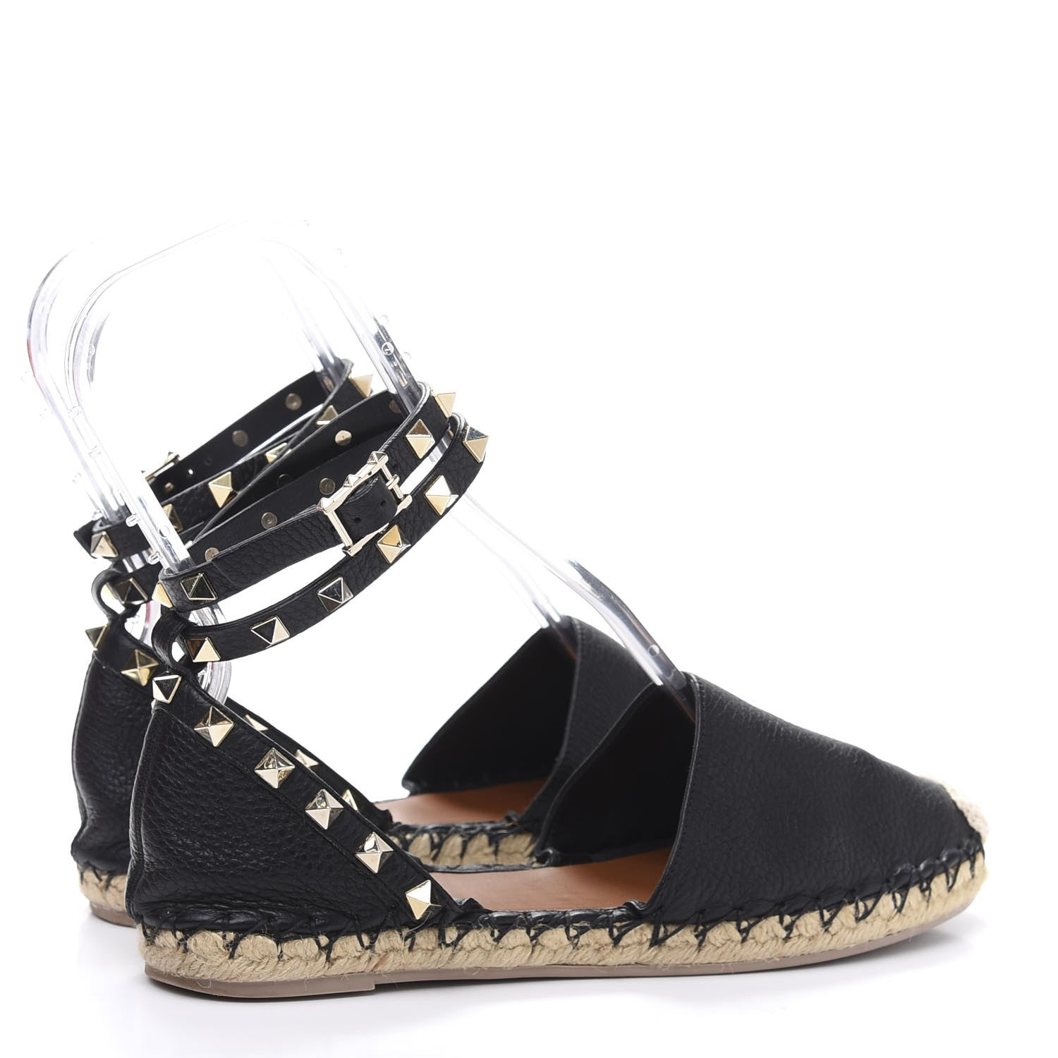 Valentino Garavani Grained Calfskin Rockstud Ankle Wrap Espadrille 20mm Flats 37 Black Natural 4 of 7