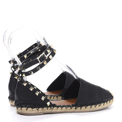 Valentino Garavani Grained Calfskin Rockstud Ankle Wrap Espadrille 20mm Flats 37 Black Natural 4 of 7