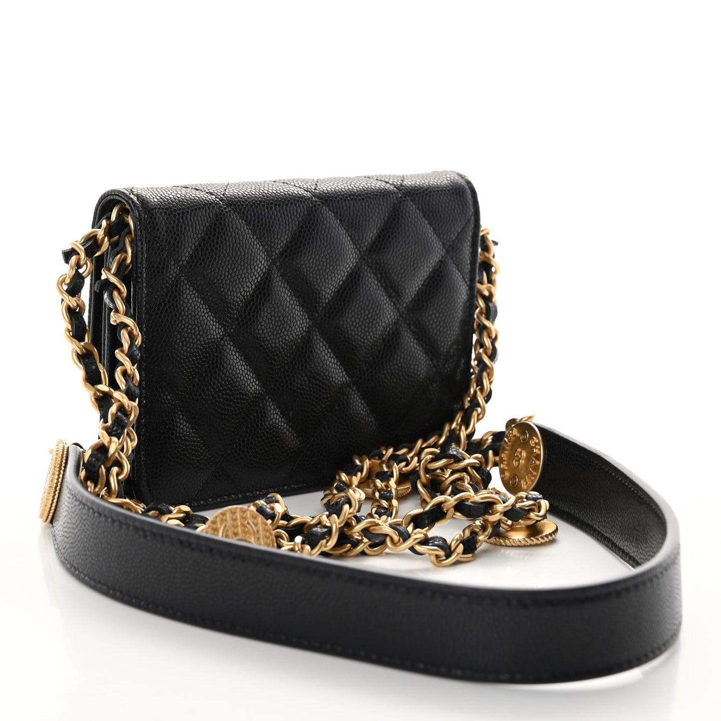 Caviar Quilted Twist Your Buttons Coin Purse With Chain Black