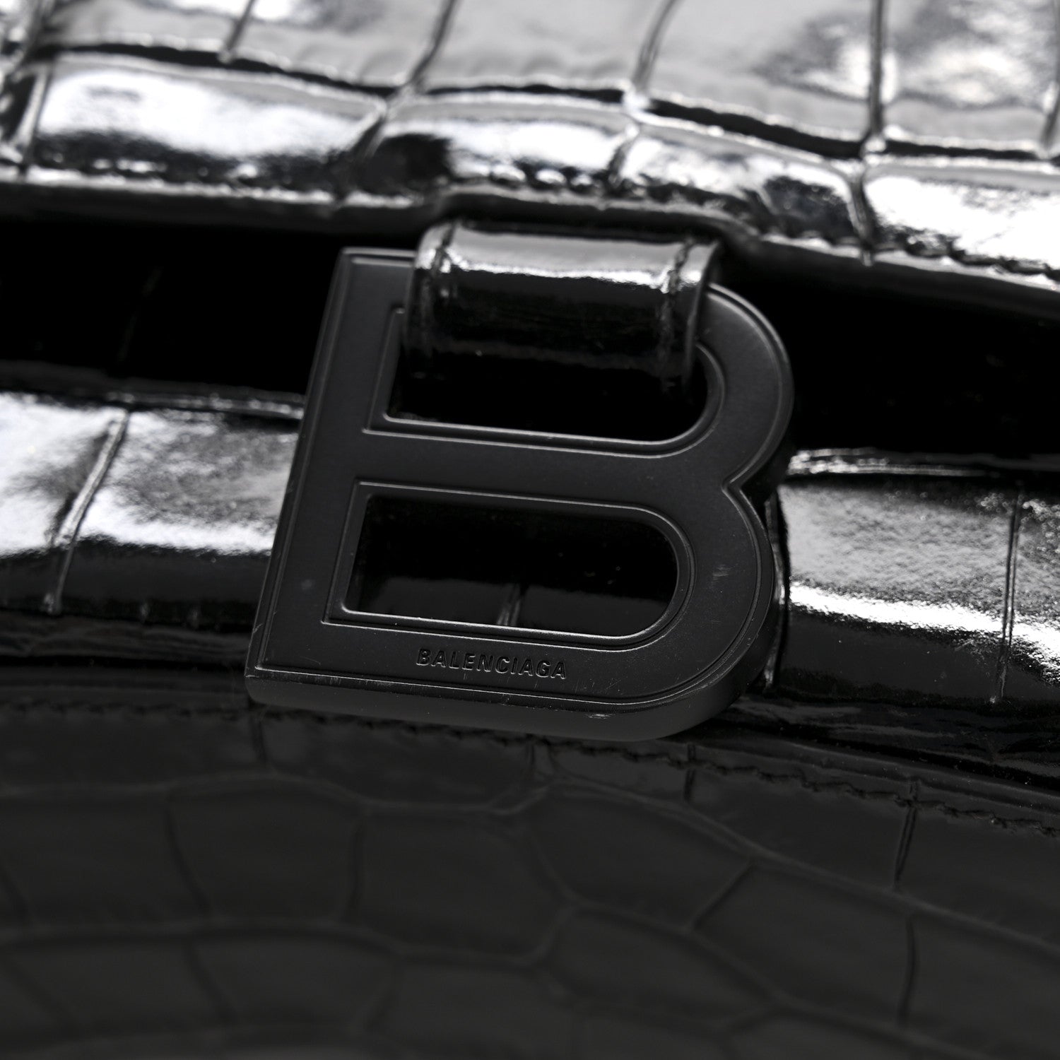 Balenciaga Shiny Calfskin Monochrome Crocodile Embossed Hourglass Top Handle Bag XS Black 11 of 15