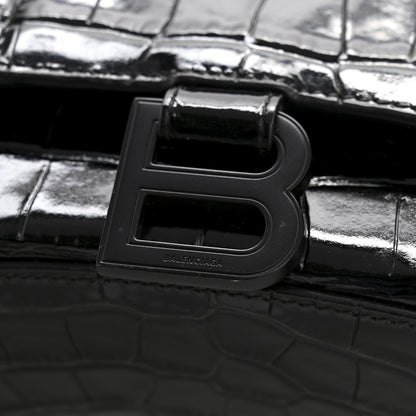 Balenciaga Shiny Calfskin Monochrome Crocodile Embossed Hourglass Top Handle Bag XS Black 11 of 15