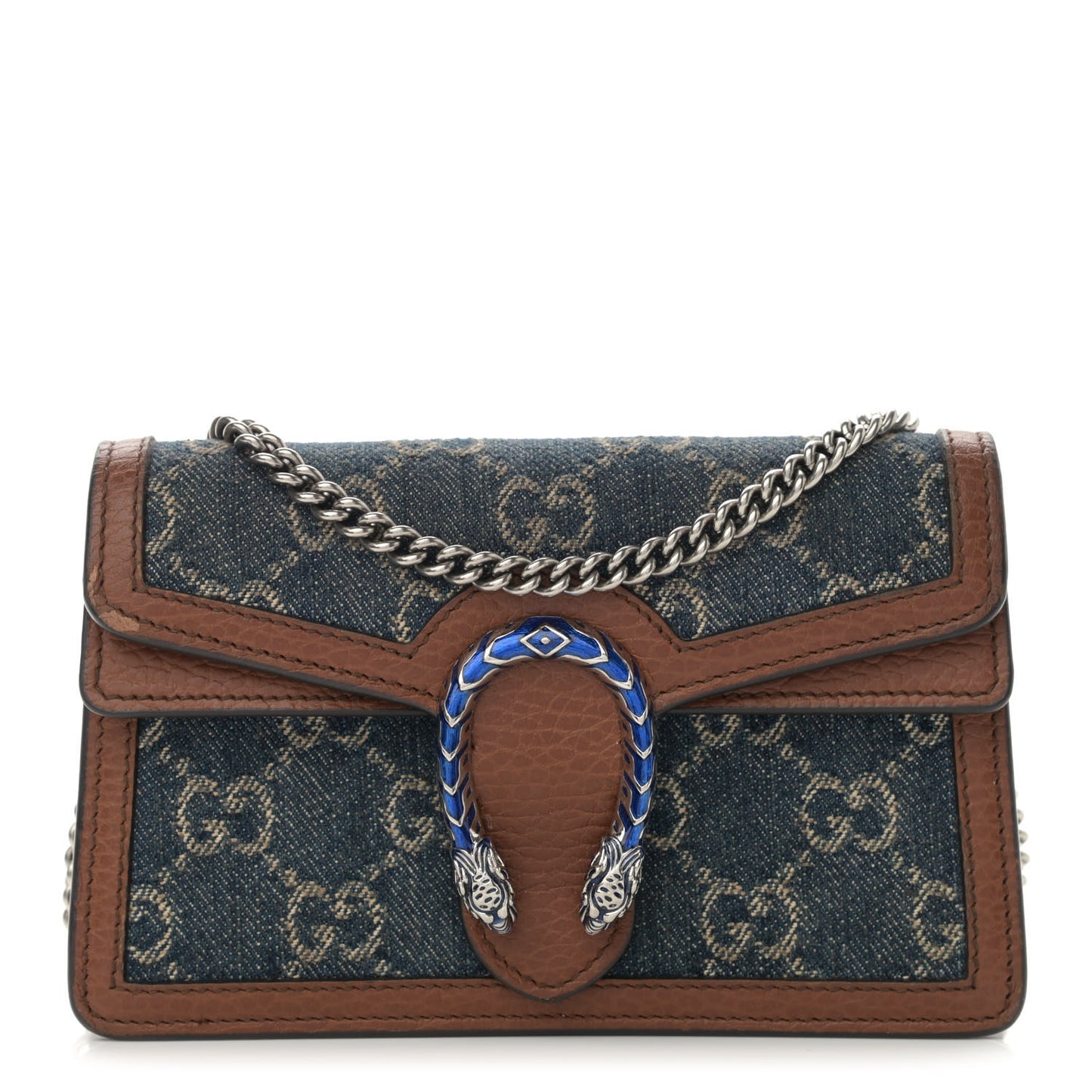 New Denim GG Monogram Dollar Calfskin Enamel Super Mini Dionysus Shoulder Bag Blue Tea Cuir Epilog Electric Blue