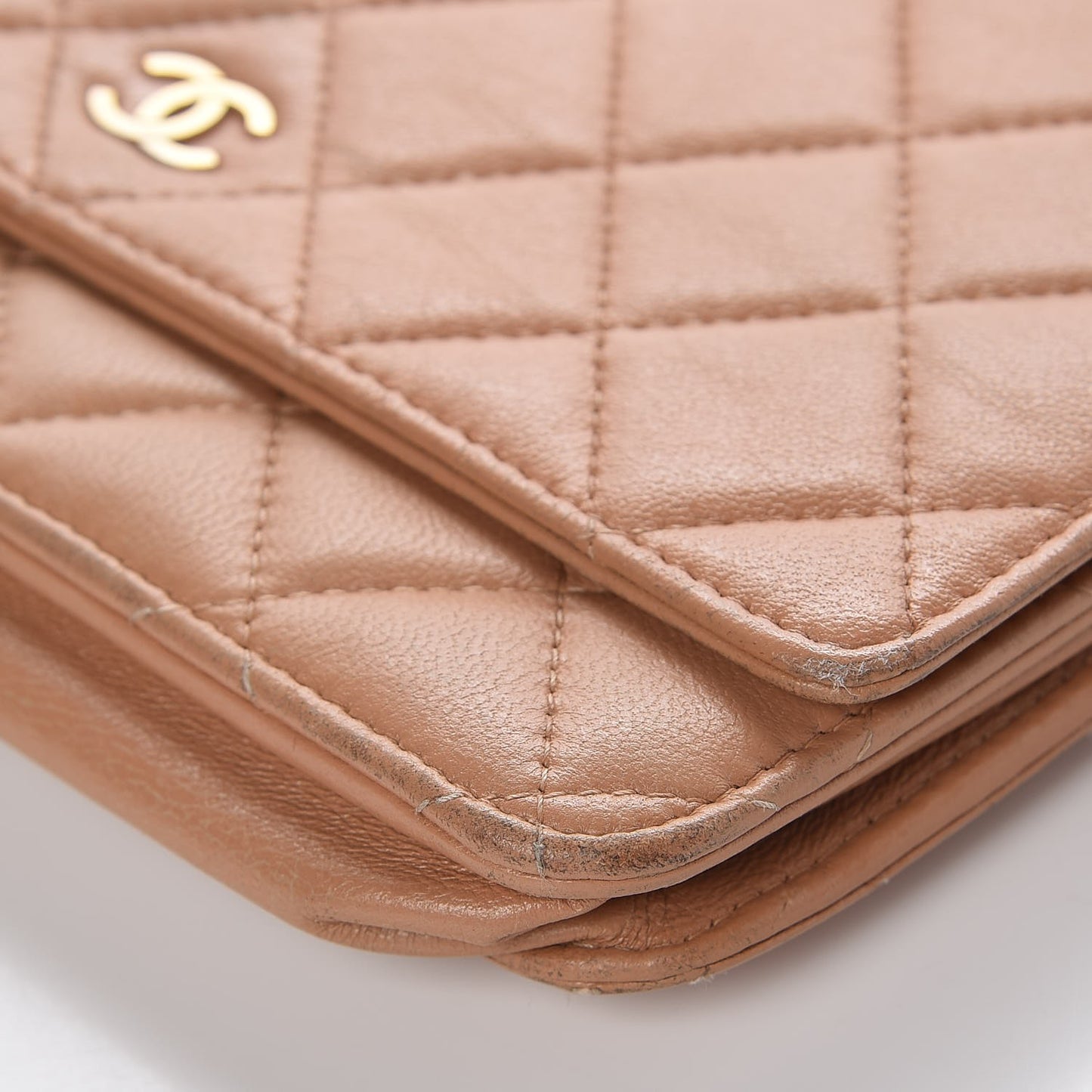 Lambskin Quilted Wallet on Chain WOC Dark Beige