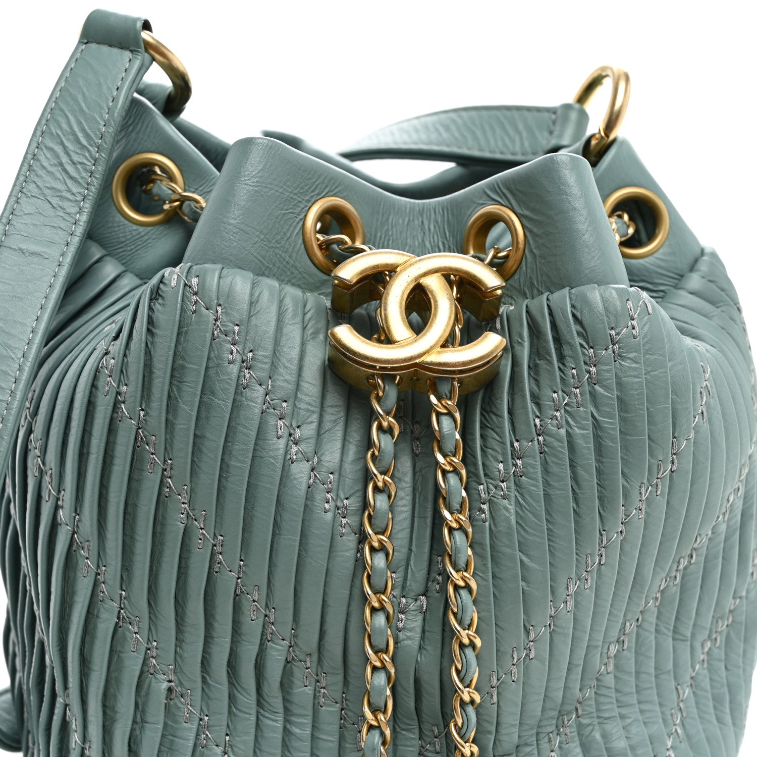 Chanel Crumpled Calfskin Coco Pleats Drawstring Bag Blue 8 of 10