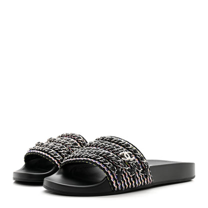 Chanel Tweed Lambskin Chain Flat Sandals 38 Black Multicolor 3 of 9