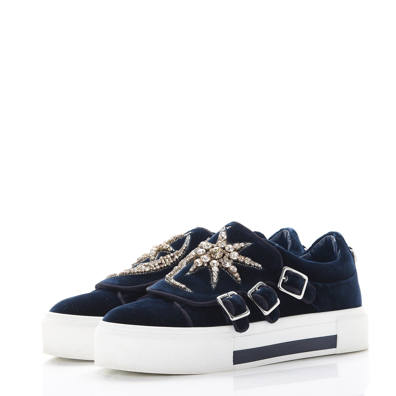 Alexander McQueen Velvet Crystal Moon Embellished Stars Buckles Platform Sneakers 40 Blue 3 of 17