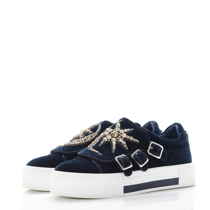Alexander McQueen Velvet Crystal Moon Embellished Stars Buckles Platform Sneakers 40 Blue 3 of 17