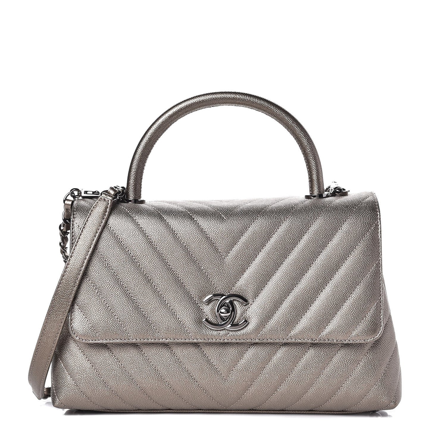 Metallic Caviar Chevron Quilted Small Coco Handle Flap Light Gold