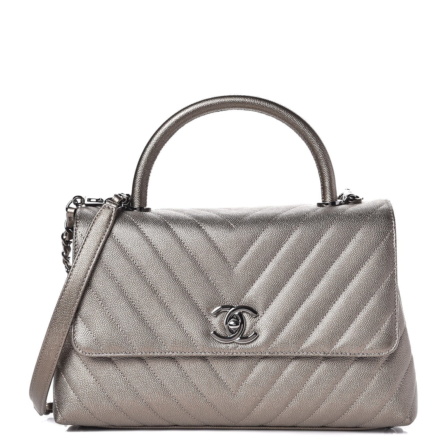 Chanel Metallic Caviar Chevron Quilted Small Coco Handle Flap Light Gold 1 of 8