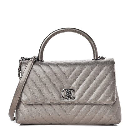 Chanel Metallic Caviar Chevron Quilted Small Coco Handle Flap Light Gold 1 of 8