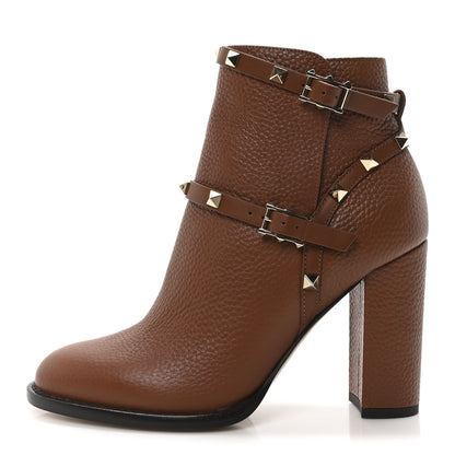 Valentino Garavani Pebbled Calfskin Rockstud Double Buckle 70mm Block Heel Ankle Boots 37.5 Bright Cognac 1 of 9