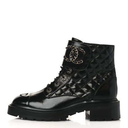 Chanel Shiny Goatskin Calfskin Quilted Lace Up Combat Boots 38.5 Black 1 of 8