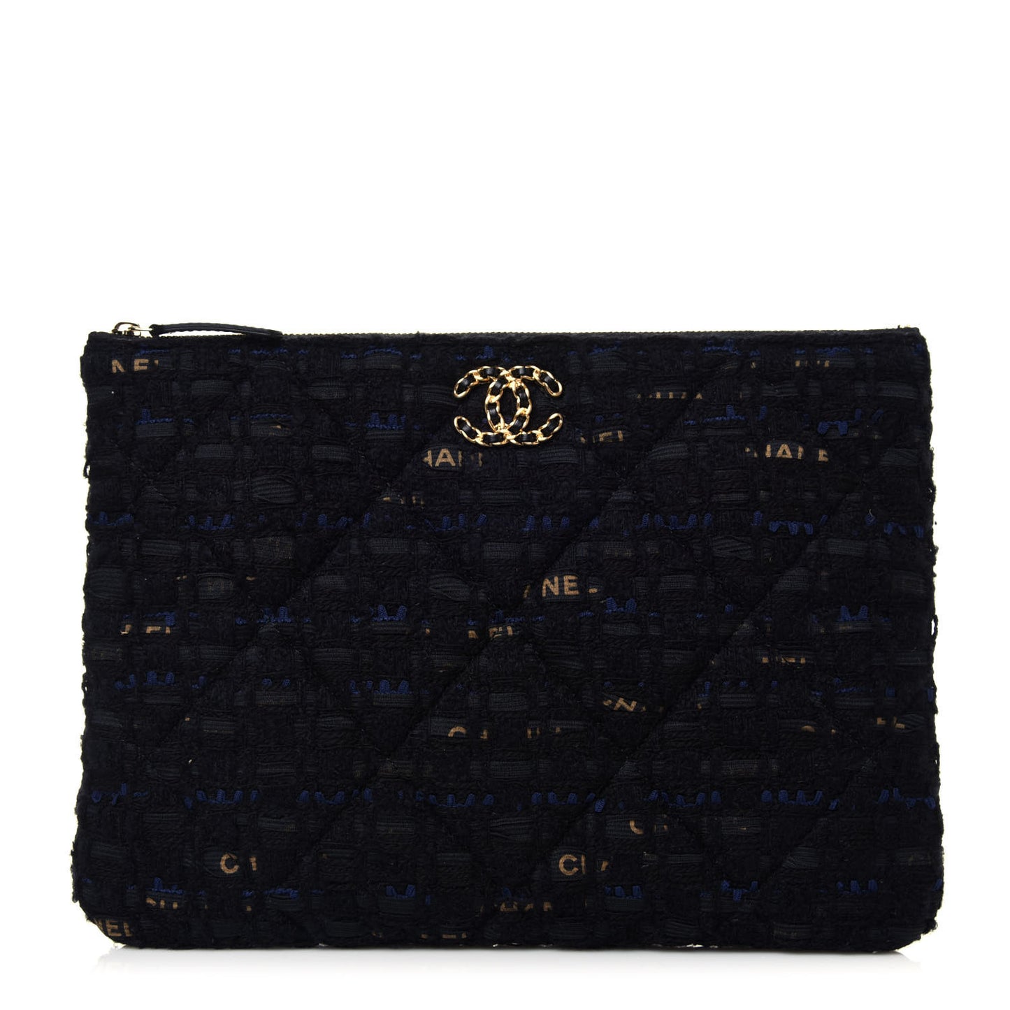 Tweed Quilted Large Chanel 19 Pouch Black Navy Gold