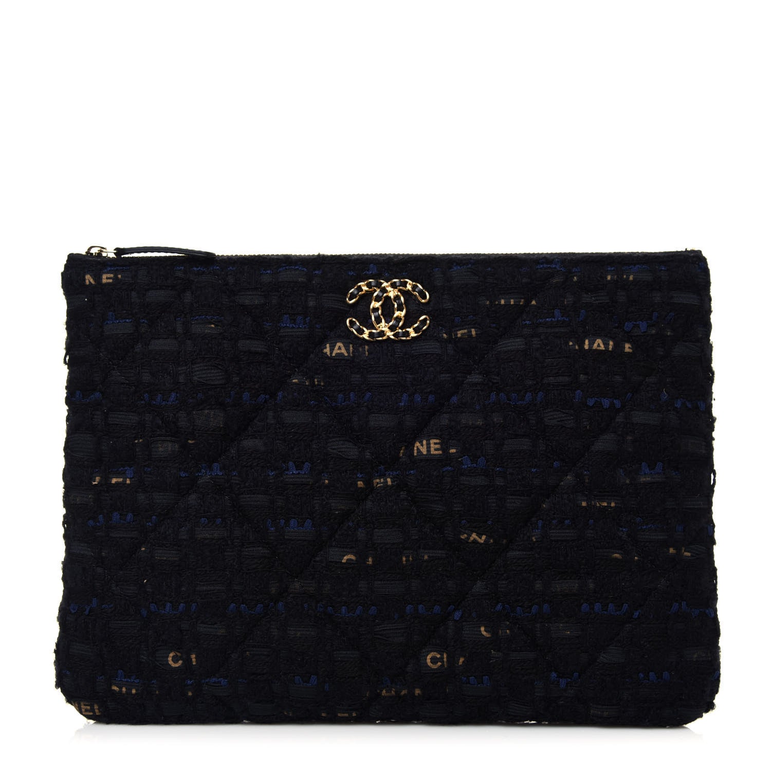 Chanel Tweed Quilted Large Chanel 19 Pouch Black Navy Gold 1 of 13