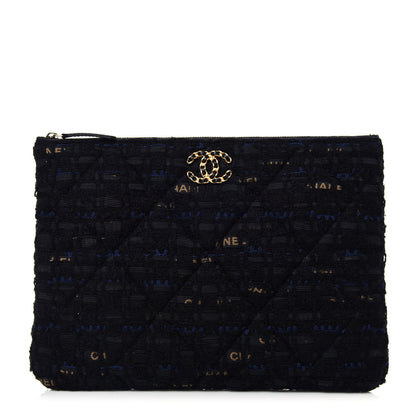 Chanel Tweed Quilted Large Chanel 19 Pouch Black Navy Gold 1 of 13