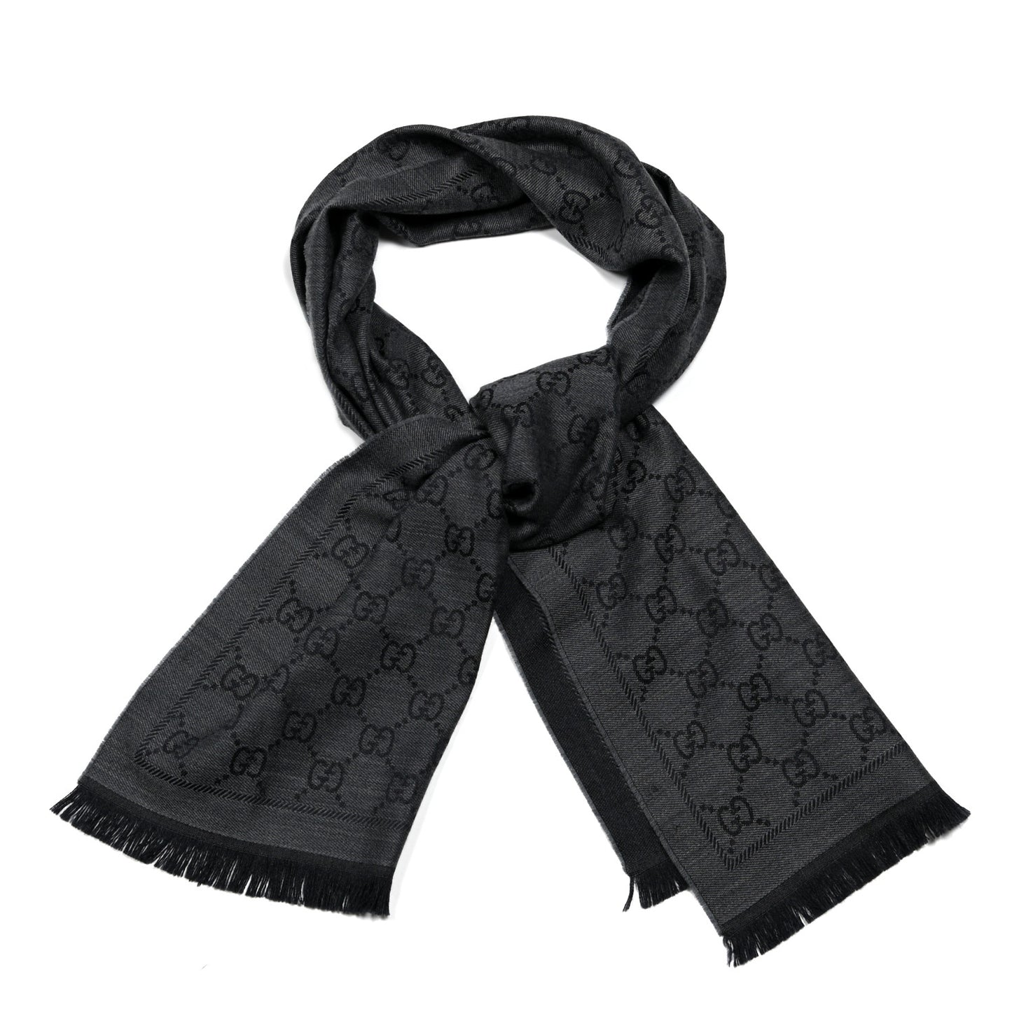 Wool Monogram Fringe Scarf Grey Black