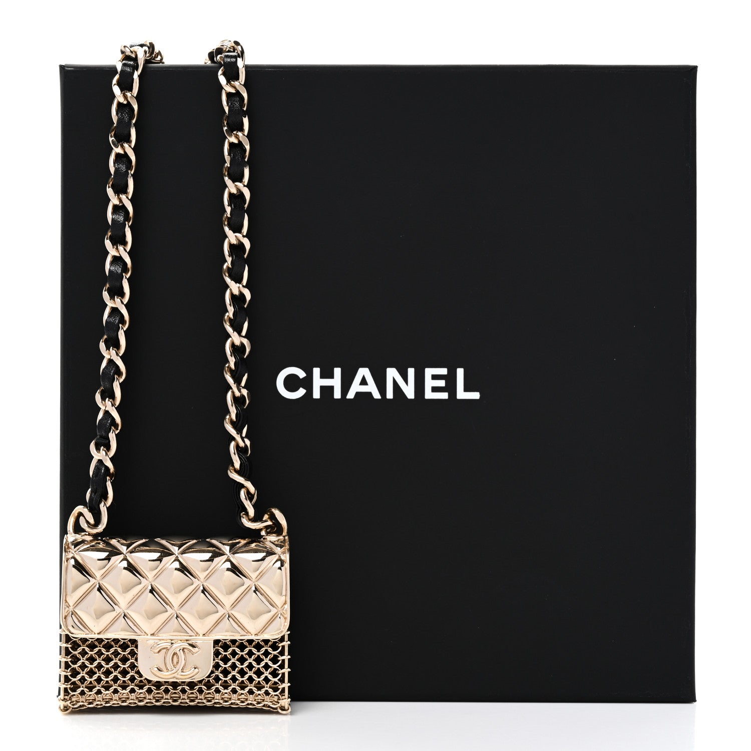 Chanel Metal Lambskin Chain Micro Bag Necklace Gold Black 6 of 6