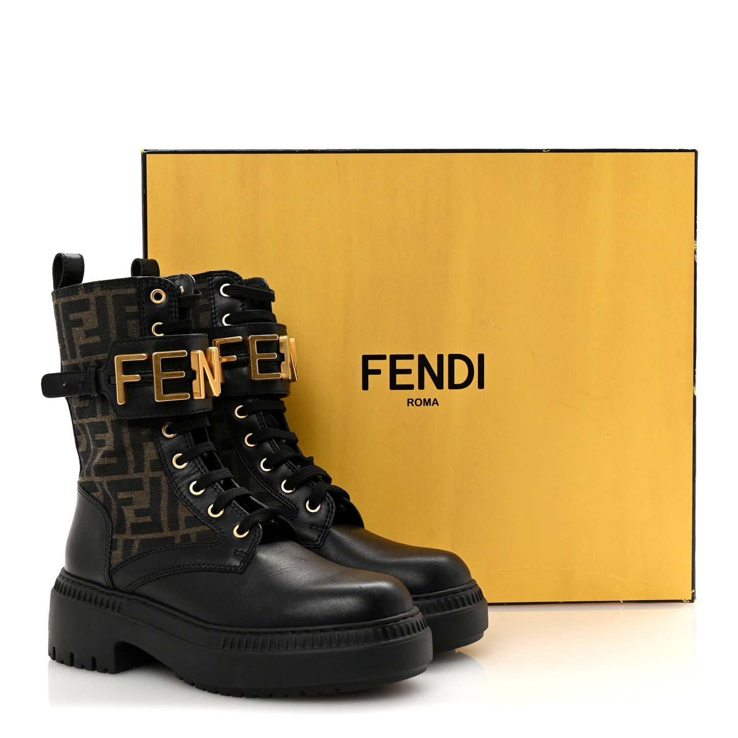 Vitello Fabric Jacquard FF Fendigraphy 50mm Biker Boots 35.5 Black Tobacco