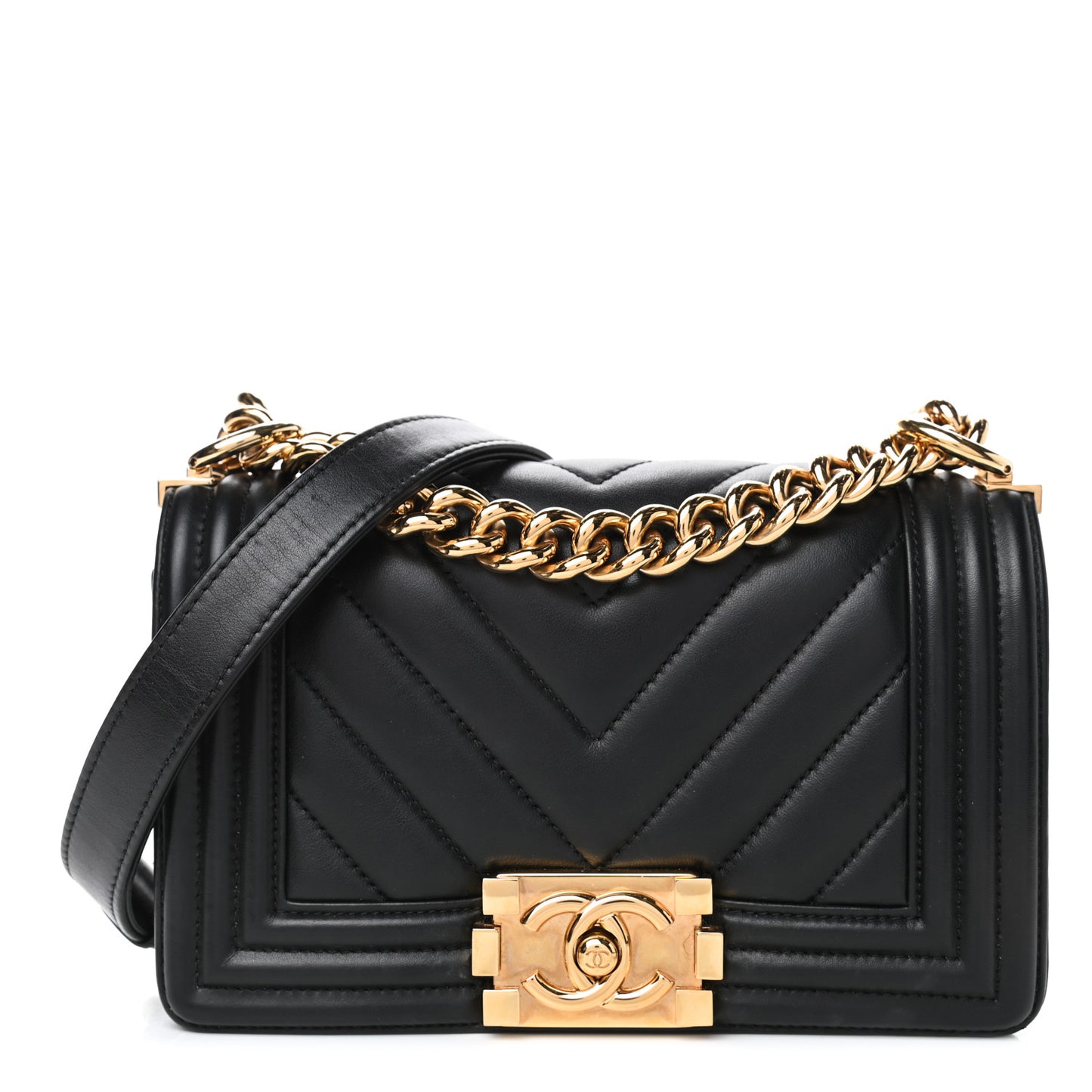 Calfskin Chevron Quilted Small Boy Flap Black