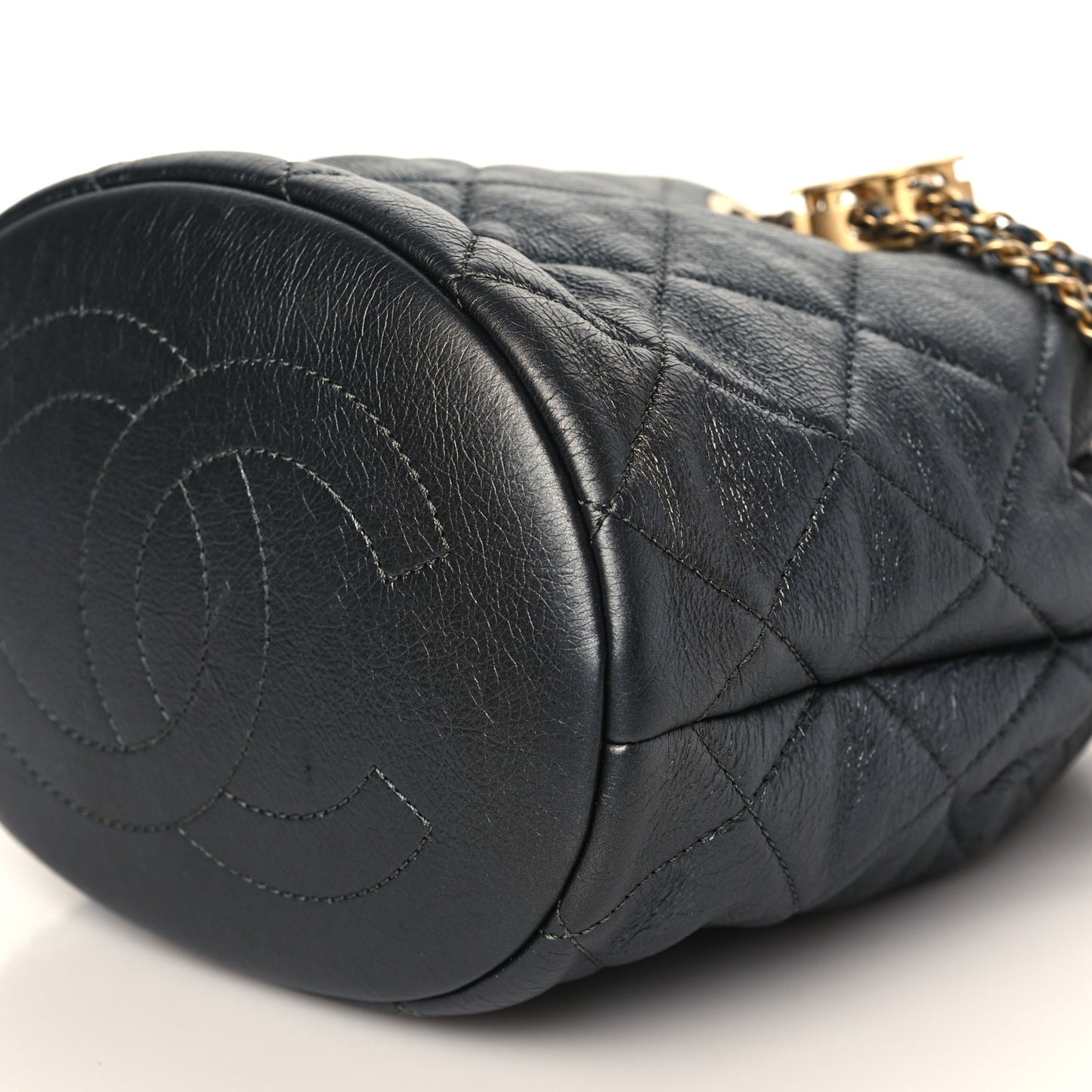 Metallic Lambskin Quilted Pearl Crown Drawstring Bag Anthracite