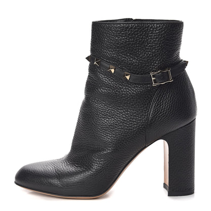 Valentino Garavani Pebbled Calfskin Rockstud Single Buckle 90mm Block Heel Ankle Boots 38 Black 1 of 14