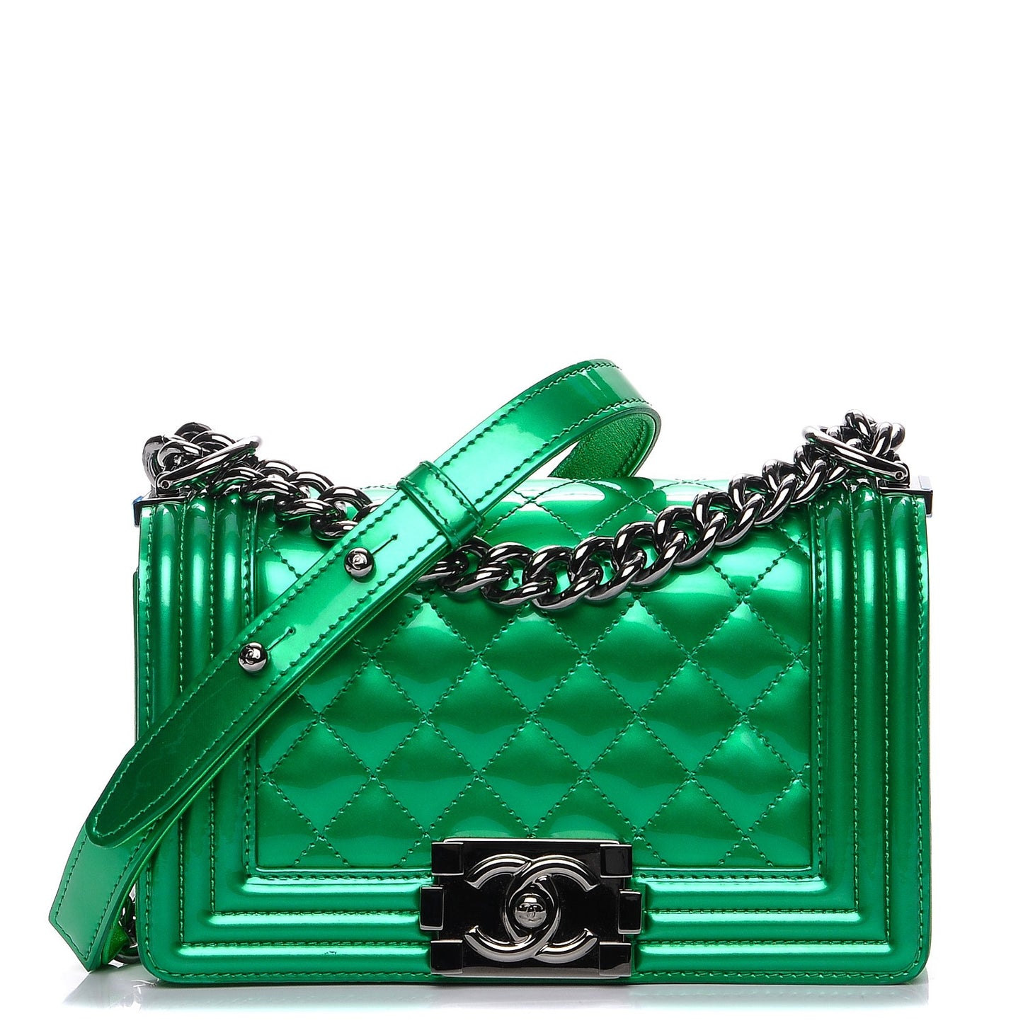 Metallic Patent Calfskin Quilted Small Boy Flap Green