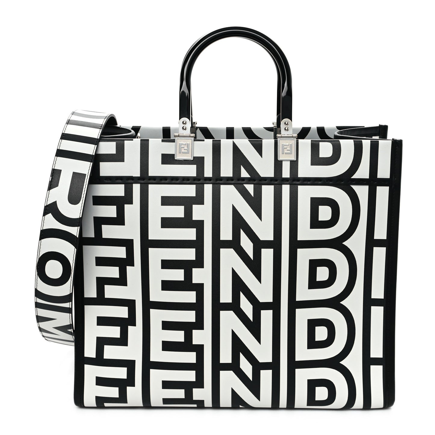 X MARC JACOBS Vitello King Logo Print Medium Fendi Sunshine Shopper Tote Black White