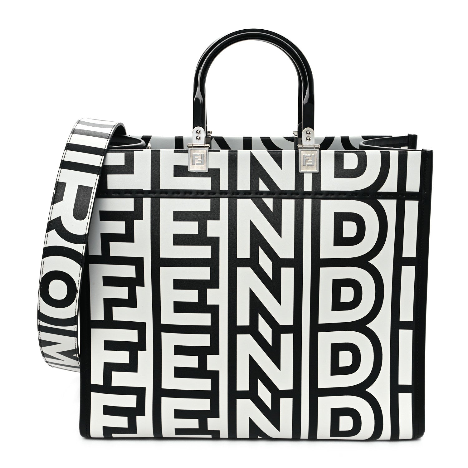 Fendi X MARC JACOBS Vitello King Logo Print Medium Fendi Sunshine Shopper Tote Black White 1 of 10