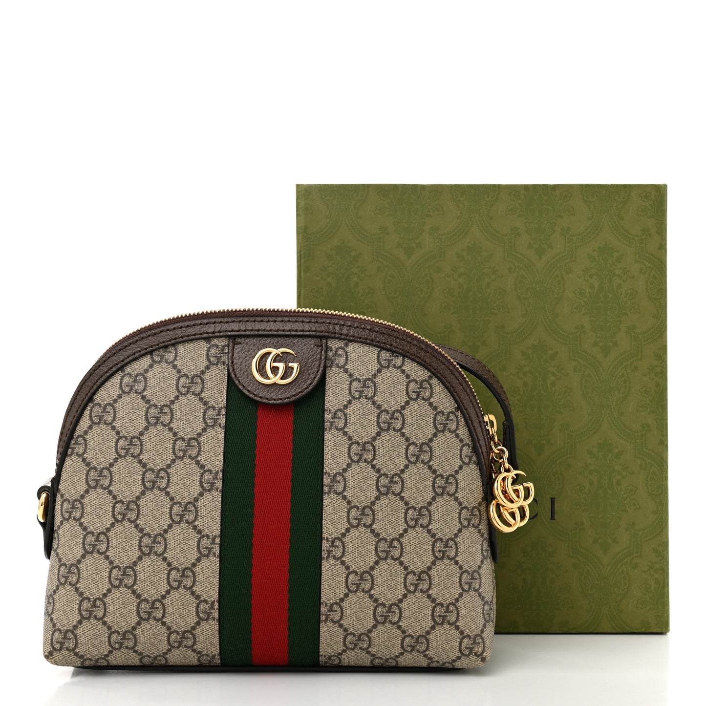 GG Supreme Monogram Textured Dollar Calfskin Web Small Ophidia Dome Shoulder Bag Beige Ebony New Acero