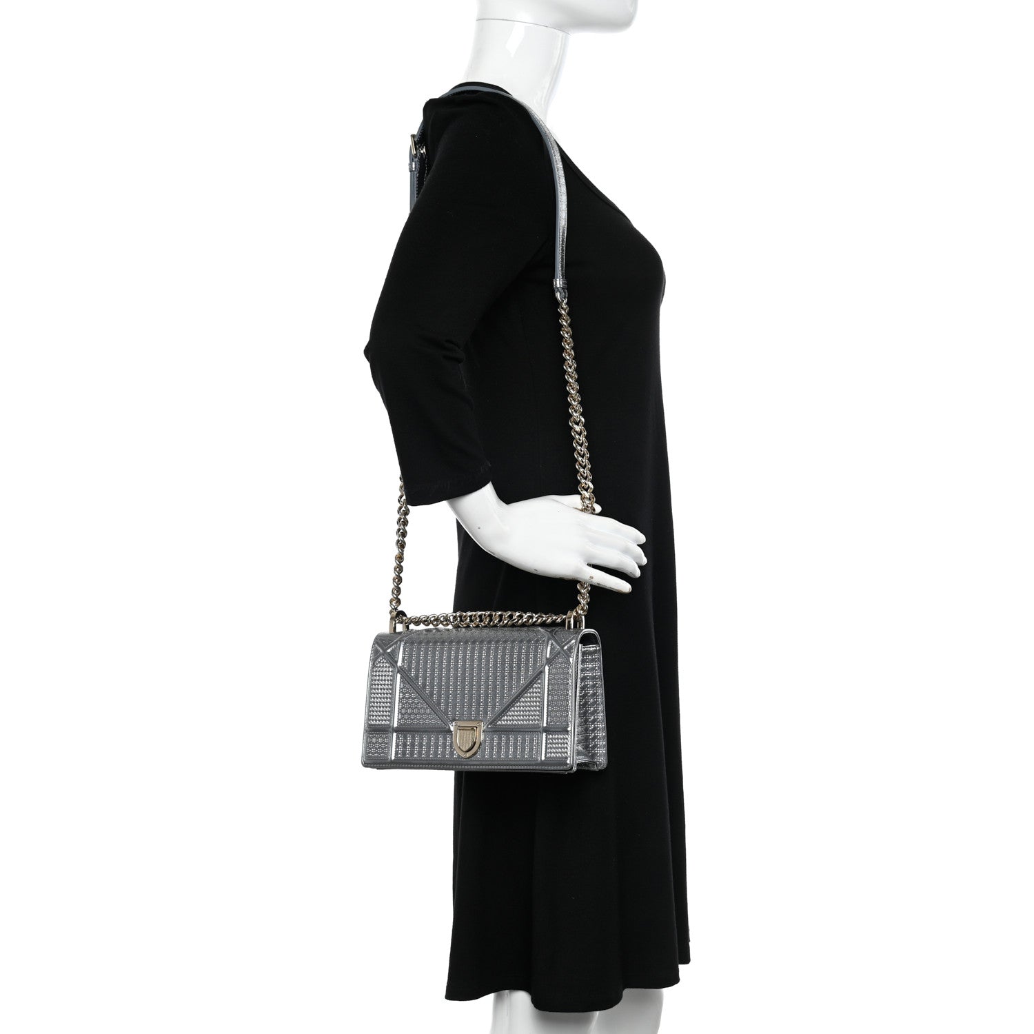 Christian Dior Metallic Patent Micro-Cannage Medium Diorama Flap Bag Silver 3 of 12