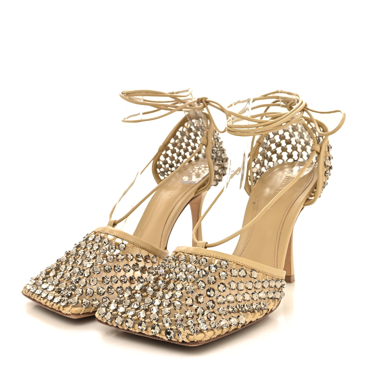 Bottega Veneta Mesh Nappa Crystal Embellished Sparkle Stretch Ankle Tie 90mm Sandals 40 Cane Sugar 3 of 7